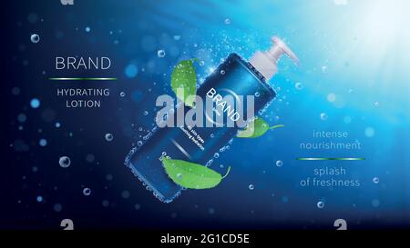 Natürliche Minze Vektor kosmetische realistische Anzeigen Poster. Flasche mit Lotion und grünen Blättern auf blauem Unterwasser-Hintergrund mit Luftblasen und Strahlen. Mock up für Magazin oder Katalog mit Bio-Kosmetik Stock Vektor