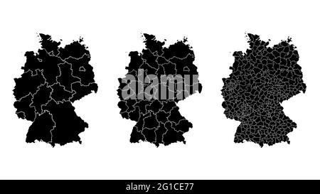 Deutschland Karte Gemeinde, Region, Bundesland. Administrative Ränder, Umriss schwarz auf weißem Hintergrund Vektorgrafik. Stock Vektor