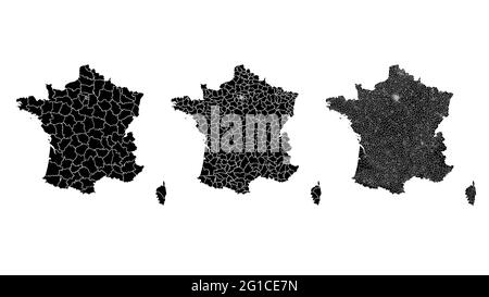 Frankreich Karte Gemeinde, Region, Bundesland Division. Administrative Ränder, Umriss schwarz auf weißem Hintergrund Vektorgrafik. Stock Vektor