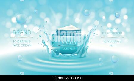 Vektor-Kosmetik-Banner mit 3d realistisch blau offenen Glas für Hautpflege-Creme in Wasser Krone, Splash, Mockup für die Förderung. Beauty-Produktkonzept mit welliger Wasseroberfläche und Bokeh für Hochglanzmagazin Stock Vektor