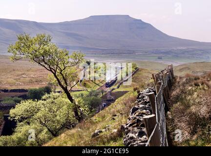 Ein Dampfzug-Special, das in Blea Moor auf der Settle-Carlisle-Eisenbahnlinie gesehen wurde, mit dem Ingleborough-Gipfel in den Yorkshire Dales, im Hintergrund gesehen. Stockfoto