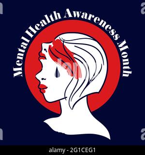 Quadratisches Banner-Layout für Bewusstsein für psychische Gesundheit. Gesplittete Frau mit doppeltem Gesicht auf marineblauem Hintergrund und rot. Kreative Podcast-Cover oder Post-Vorlage Stock Vektor