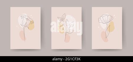 Sammlung zeitgenössischer Blumenplakate. Handgezeichnete abstrakte botanische Elemente. Minimalistisches Innenraumdesign und natürliche Wandkunst. Moderner Vektor Stock Vektor