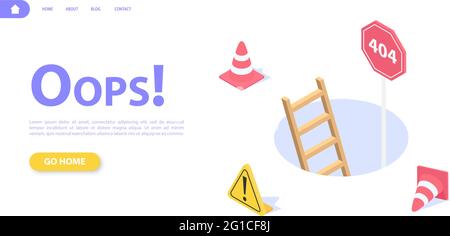 Fehler 404 Webseite Konzept. Grubentreppen, Verkehrskegel und Warnschild. Flache isometrische Vektordarstellung. Stock Vektor