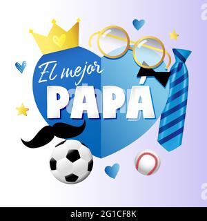 El mejor Papa - der beste Vater der Welt Spanisches Schriftzüge-Banner mit blauen Papier-Herzelementen, Krawatte, Schnurrbart und Krone. Spanien Väter Tag Vektorkarte Stock Vektor
