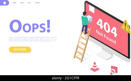 Das Konzept einer Webseite mit einem Fehler 404. Ein Mann auf der Treppe versucht, eine Seite der Website wiederherzustellen. Flache isometrische Vektordarstellung. Stock Vektor