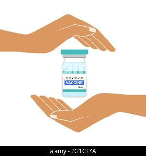 Coronavirus-Impfstoff. Konzept des Corona-Virus-Impfstoffs. Handgriffschlauch mit Impfstoff mit dem Virusnamen Covid-19. Isolierte Vektordarstellung auf weißem Bac Stock Vektor