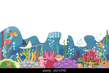 Der Boden des Reservoirs mit Fischen. Blaues Wasser. Meer. Unterwasserlandschaft mit Tieren, Pflanzen, Algen und Korallen. Illustration in Cartoon Stock Vektor