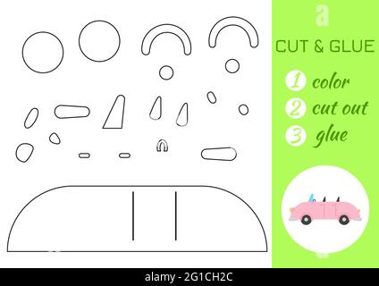 Farbe, schneiden und kleben Papier rosa Auto. Seite „Craft Activity“ ausschneiden und einfügen. Pädagogisches Spiel für Kinder im Vorschulalter. DIY-Arbeitsblatt. Kids Logik Spiel, activi Stock Vektor