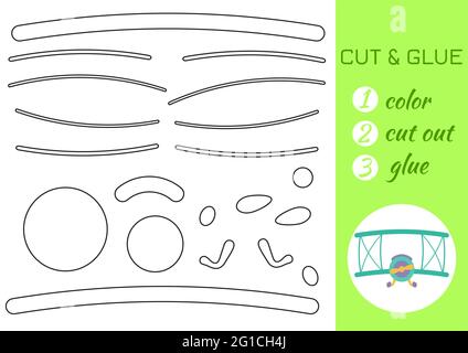 Farbe, schneiden und kleben Papier grün Flugzeug. Seite „Craft Activity“ ausschneiden und einfügen. Pädagogisches Spiel für Kinder im Vorschulalter. DIY-Arbeitsblatt. Logikspiel für Kinder, Stock Vektor