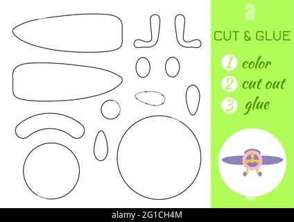 Farbe, schneiden und kleben Papier rosa-violett Flugzeug. Seite „Craft Activity“ ausschneiden und einfügen. Pädagogisches Spiel für Kinder im Vorschulalter. DIY-Arbeitsblatt. Kinderlogik Stock Vektor