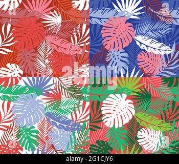 Abstrakte Kunst Natur Hintergrund Vektor set Palm monstera Blätter Patchwork. Modernes tropisches Sommerlaub mit botanischen Blättern und Blumenmustern Stock Vektor