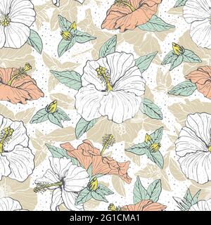 Nahtloses Vintage-Muster mit weißen und rosa Hibiskusblüten, Knospen und Blättern, mit grauem Umriss. Stock Vektor