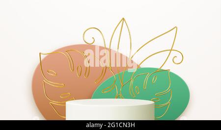 Produkt Podium mit goldenen Monstera Blatt Linie Kunst auf Farbe Form Hintergrund. Moderne Nachahmungs-Vorlage für Werbung. Vektorgrafik Stock Vektor