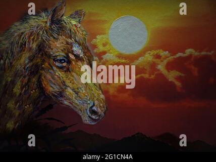 Handgemalte Original-Meisterwerke des Impressionismus Maler Kunst Ölmalerei Pferd und Pony im Zoo Stockfoto