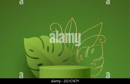 Produktpodium mit goldener Monstera-Blatt-Linienkunst auf grünem Hintergrund. Moderne Nachahmungs-Vorlage für Werbung. Vektorgrafik Stock Vektor