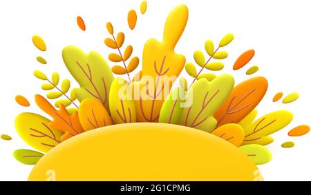 Hello Autumn 3d minimaler Hintergrund mit herbstgelben, orangen Blättern. der 3d-Herbst hinterlässt den Hintergrund für die Gestaltung von Herbstbannern und Plakaten Stock Vektor