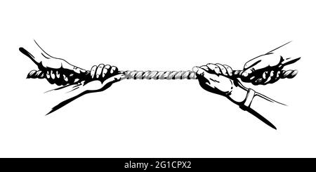 Tauziehen Krieg Wettbewerb mit Seil. Hände ziehen am Seil. Von Hand gezeichnete Vektorgrafik mit schattendem Bild auf weißem Hintergrund Stock Vektor