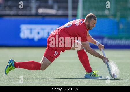 06-06-2021: Hockey EK: Spanje gegen Russland: Amstelveen AMSTELVEEN, NIEDERLANDE - 6. JUNI: Iaroslav Loginov aus Russland während der Euro Hockey Championships Stockfoto