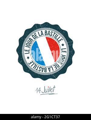 Bastille Day Vektor-Gummistempel mit Frankreich-Flagge, Text und Sternen auf weißem Hintergrund Stock Vektor