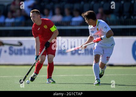 06-06-2021: Hockey EK: Spanje V Rusland: Amstelveen AMSTELVEEN, NIEDERLANDE - 6. JUNI: Marat Khairullin von Russland während der Euro Hockey Championships Stockfoto