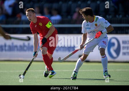 06-06-2021: Hockey EK: Spanje V Rusland: Amstelveen AMSTELVEEN, NIEDERLANDE - 6. JUNI: Marat Khairullin von Russland während der Euro Hockey Championships Stockfoto