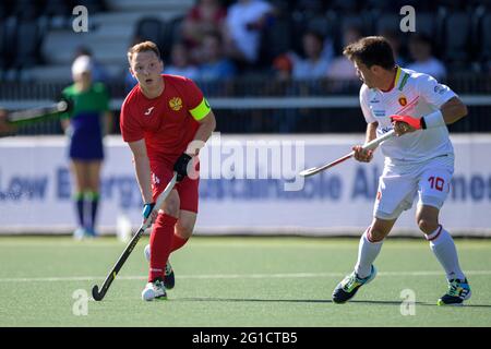 06-06-2021: Hockey EK: Spanje V Rusland: Amstelveen AMSTELVEEN, NIEDERLANDE - 6. JUNI: Marat Khairullin von Russland während der Euro Hockey Championships Stockfoto