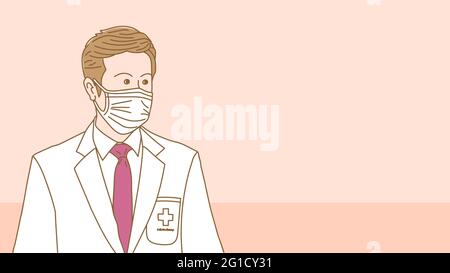 Männlicher Arzt im weißen Anzug trägt eine Maske, um Keime zu verhindern Stock Vektor
