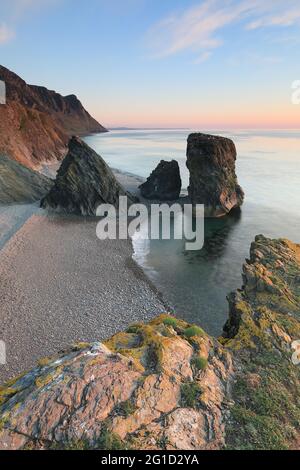 Seestacks und Felsen in der Nähe von Trefor, auf der Halbinsel Llŷn, Nordwales, Großbritannien Stockfoto