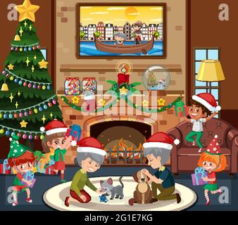 Glückliche Familie in Weihnachten Thema in der Wohnzimmer Szene Illustration Stock Vektor