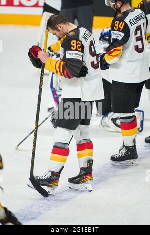 Riga, Lettland. Juni 2021. Marcel Noebels #92 von Deutschland USA - DEUTSCHLAND IIHF EISHOCKEY-WELTMEISTERSCHAFT Finale um den 3. Platz in Riga, Lettland, Lettland, 6. Juni 2021, Saison 2020/2021 Credit: Peter Schatz/Alamy Live News Stockfoto