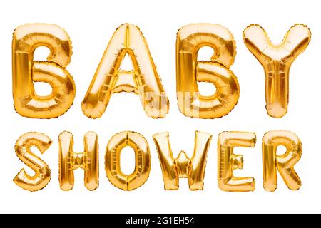 Wörter BABY DUSCHE aus goldenen aufblasbaren Ballons auf weißem Hintergrund isoliert. Helium Folie Ballons bilden Text. Baby Geburtstagsfeier feiern Stockfoto