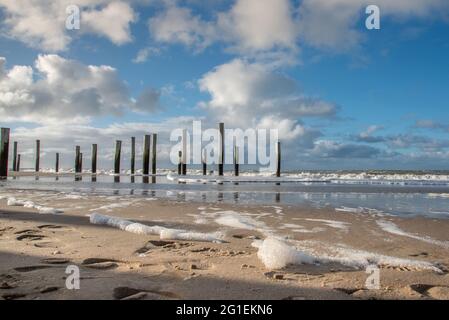 Petten, Niederlande. 3. März 2021. Holzmasten am Strand in der Nähe von Petten aan Zee, Niederlande. Hochwertige Fotos Stockfoto