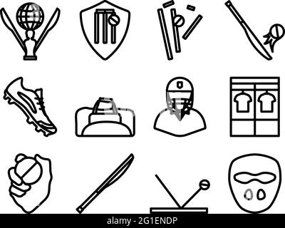 Cricket-Icon-Set. Bearbeitbares, Fett Formatischtes Umrisse-Design. Vektorgrafik. Stock Vektor