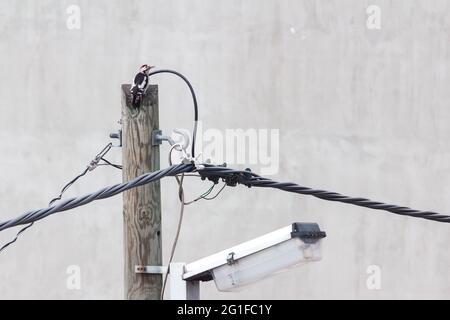 Männlicher syrischer Specht (Dendrocopos syriacus) auf einem Holzmast mit Elektrodraht und Straßenbeleuchtung, Sopron, Ungarn Stockfoto