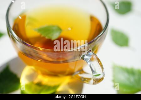 Tee in einer Glasschale mit einem Birkenblatt. Grüne Blätter auf einem weißen Tisch um einen Becher mit einem Getränk. Stockfoto
