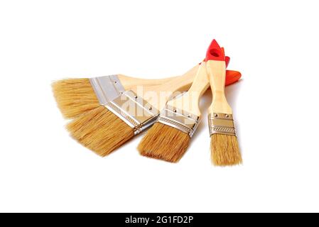 Set flacher Pinsel, Dekorationswerkzeug, isoliert auf weißem Hintergrund Stockfoto
