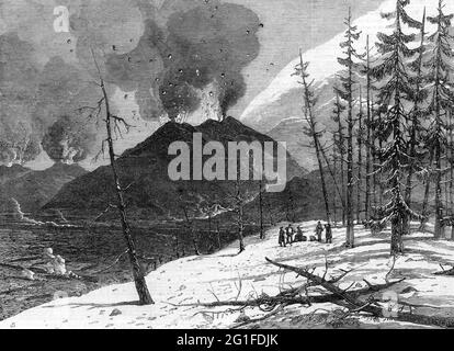 Katastrophen, Vulkanausbrüche, Eruption des Ätna, Sizilien, 1865, Blick von der Landseite, ZUSÄTZLICHE-RIGHTS-CLEARANCE-INFO-NOT-AVAILABLE Stockfoto