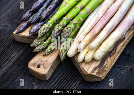 Grüner, violetter und weißer Spargel sprießt auf Holzbrett aus der Nähe. Draufsicht flach liegend. Food-Fotografie Stockfoto