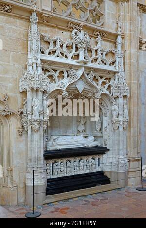 Grab von Marguerite de Bourbon, ehemaliges Kloster Brou, Monastere Royal de Brou des Augustiner-Ordens im spätgotischen Stil, Abtei als Begräbnisstätte Stockfoto