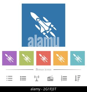 Space Shuttle mit Abschussrampen flache weiße Symbole in quadratischen Hintergründen. 6 Bonus-Symbole enthalten. Stock Vektor