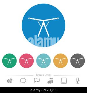 Zusammenklappbarer Wäschetrockner mit flachen weißen Symbolen auf runden farbigen Hintergründen. 6 Bonus-Symbole enthalten. Stock Vektor