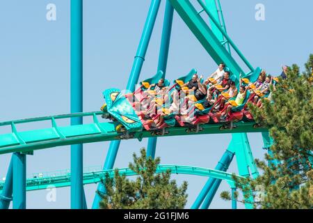 Leviathan Roller Coaster, Vergnügungspark Ride, Canada's Wonderland, Vaughn, Ontario, Kanada Stockfoto