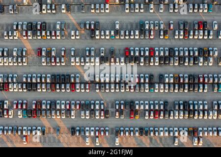 Luftaufnahme von oben nach unten von nagelneuen Autos im Logistikzentrum, in der Nähe des Werks. Bereit zum Exportieren oder Importieren. Parkplatz. Stockfoto