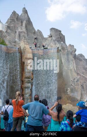 Die Zuschauer beobachten die Show, indem sie aus einer Höhe ins Wasser springen. Leute, die am Wochenende Spaß haben. Stockfoto