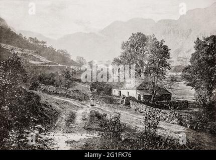 Ein Blick aus dem späten 19. Jahrhundert auf eine Hütte über dem Dorf Trefriw im Llyn Crafnant Tal, wo der nördliche Rand des Gwydir Forest auf die unteren Hänge der Carneddau Mountains, Conwy, North Wales, trifft. Stockfoto