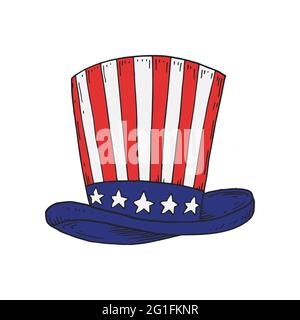 USA Hut in Nationalflaggenfarben. Juli. Handgezeichnete Vektorgrafik Stock Vektor