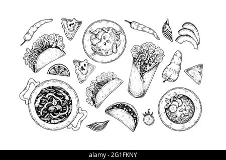 Handgezeichnetes mexikanisches Essen. Vektorgrafik im Skizzenstil Stock Vektor