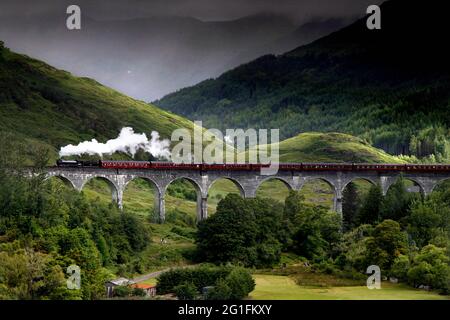 Glenfinnan Viadukt, Eisenbahnviadukt, Eisenbahnbrücke, West Highland Line, Jacobite Express, Dampflokomotive, Eisenbahn, Zug, Harry Potter Hogwarts Stockfoto