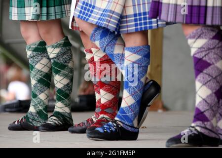 Highlandgames, Highland Games, Highland Dance, Highland Dance, Tartan, Plaids, Plaid Socken, Schottland, Großbritannien, Antigonish, Novo Scotia, Neu Stockfoto